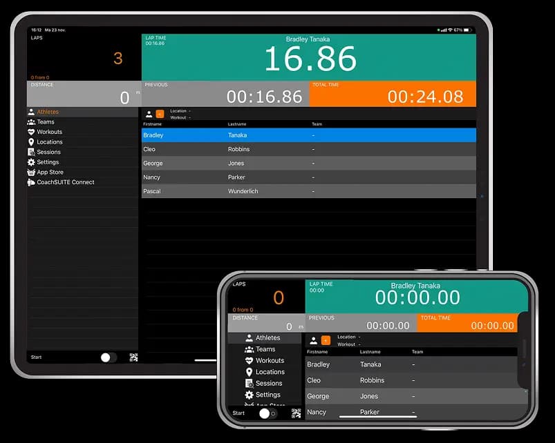 CoachWATCH timing app with lap times and splits for multiple athletes